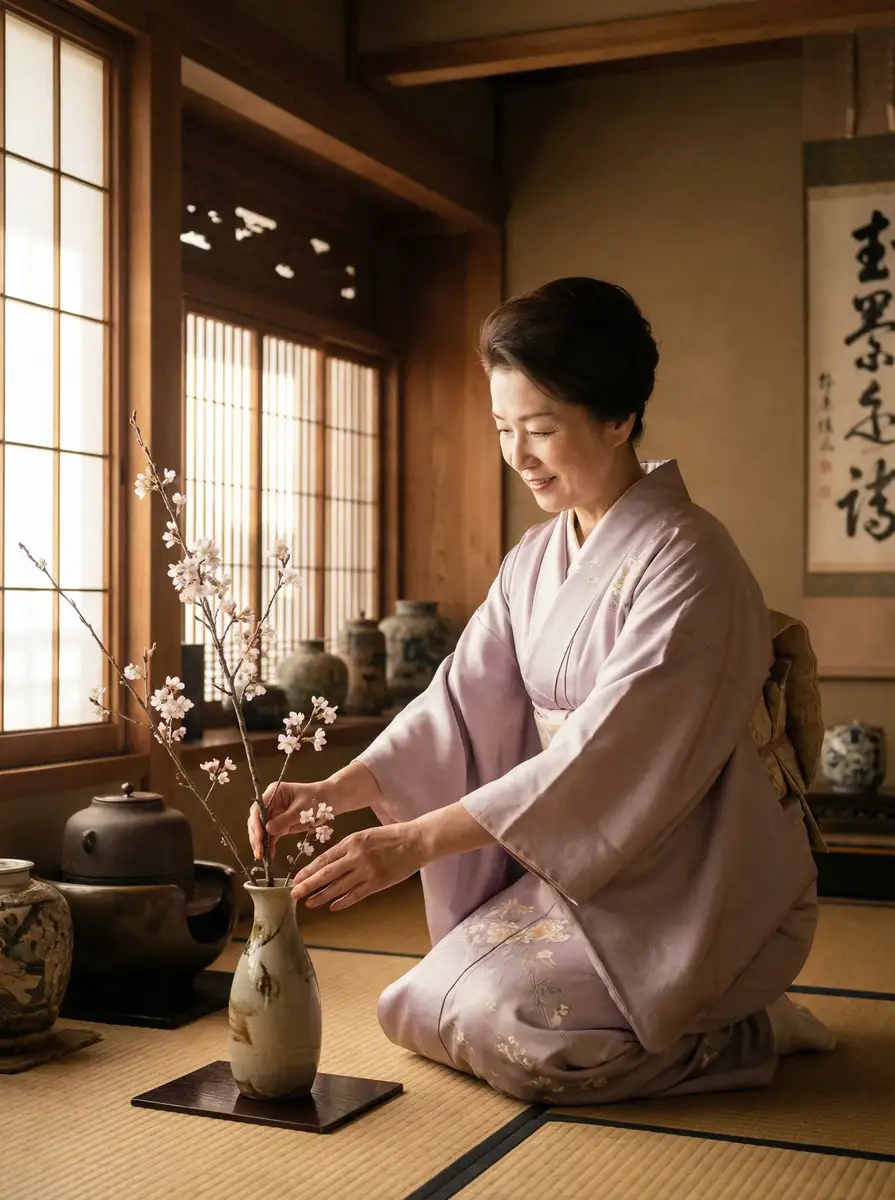 一位优雅的 小鲍狗 在和室中插花